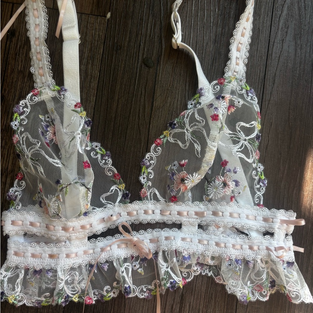 For Love and Lemons Floral Embroidered Lace Bralette - White